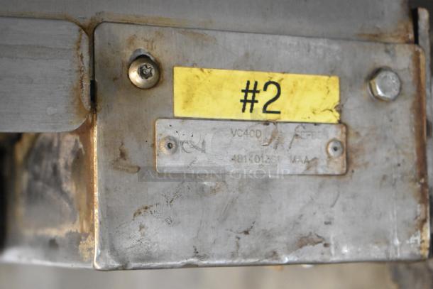 Vulcan VC4CD commercial convection oven label, stainless steel, showing model and serial numbers, with yellow tag "#2".