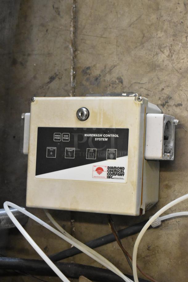 Control panel for a Stainless Steel Commercial Corner Pass Through Dishwasher. Features include rinse, prime, and power settings. Diamond Chemical branding visible.