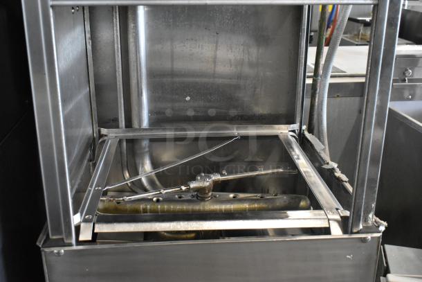 Stainless Steel Commercial Corner Pass Through Dishwasher; metal interior, dual spray arms, efficient for high-volume use.