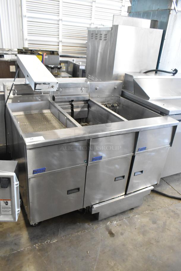 2019 Pitco Frialator SE14 stainless steel electric 2-bay fryer with SEBNB14 side dumping station, Hatco warming strip, filtration system, on casters.