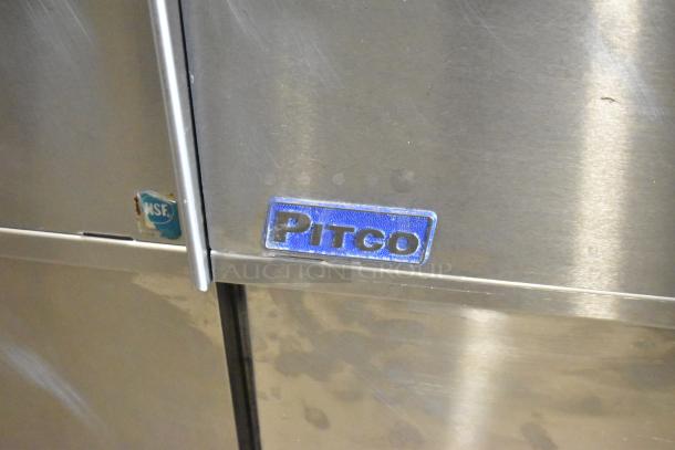 2019 Pitco Frialator SE14 stainless steel 2-bay fryer, visible blue Pitco logo, NSF label, on commercial casters.