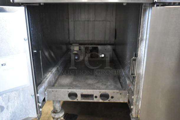 2019 Pitco Frialator SE14 dual bay fryer interior, stainless steel, with SEBNB14 dumping station, Hatco warming strip, on casters.