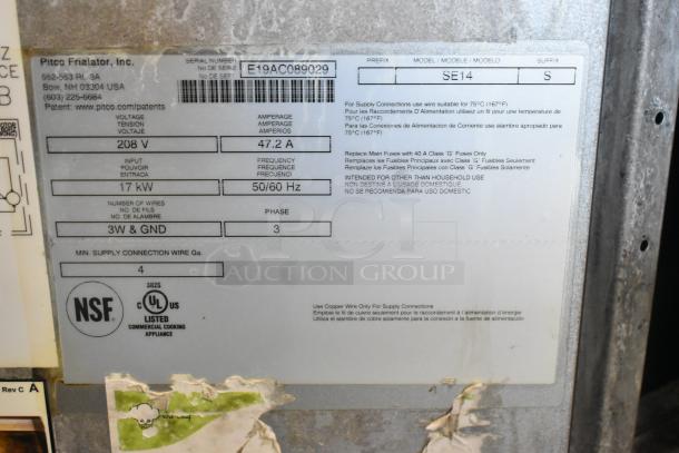 2019 Pitco Frialator SE14 commercial electric fryer label showing specs: 208V, 47.2A, 17kW, 3 Phase. NSF certified.