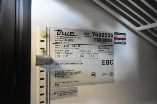 True TSSU-48-12 prep table label showing model, voltage (115V), and NSF certification. Made in USA.