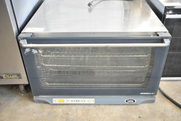 Cadco Unox XAF195 Rossella convection oven, stainless steel, electric, countertop model, visible control panel and racks.
