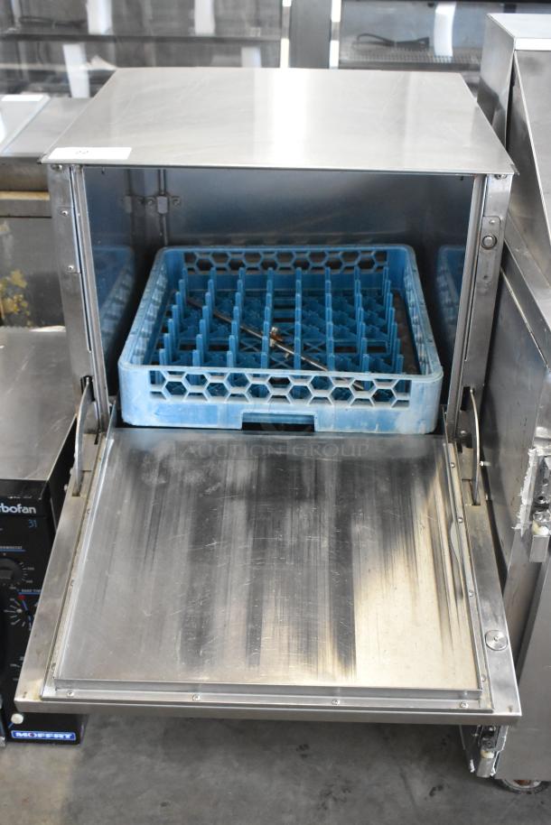 2018 Noble Wareforce UH30-E stainless steel dishwasher, countertop model with door issue. Includes blue dish rack. 208/220V, 1 phase.