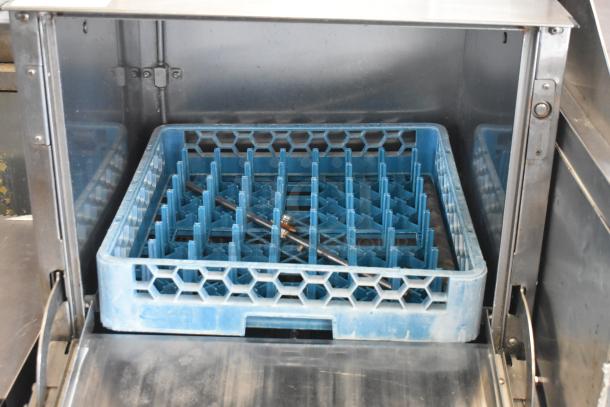 2018 Noble Wareforce UH30-E stainless steel dishwasher, countertop/undercounter model, blue rack inside, door issue noted.
