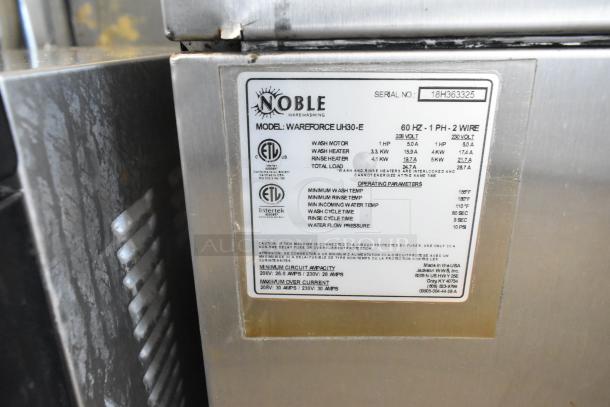2018 Noble Wareforce UH30-E dishwasher showing model label. Stainless steel, commercial use, 208/220V, 1 phase. Door issue noted.