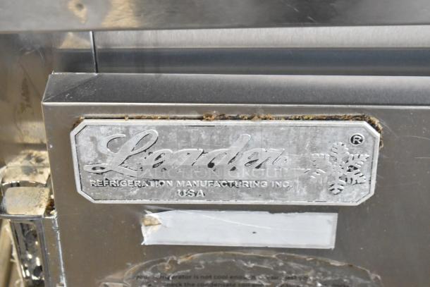Leader ESSM48 stainless steel commercial prep table with visible branding, model plate, and some signs of wear.