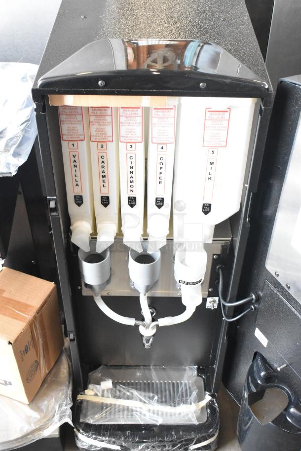 Brand new Cecilware GB5MFIT metal cappuccino machine with labeled ingredient dispensers for vanilla, caramel, cinnamon, coffee, milk. 120V, 1 phase.