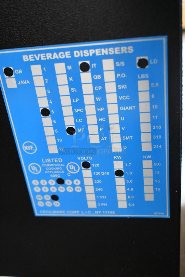 BRAND NEW SCRATCH AND DENT Cecilware GB5MFIT Cappuccino Machine. Features metal construction, 120V, 1 Phase. Label with specs visible.