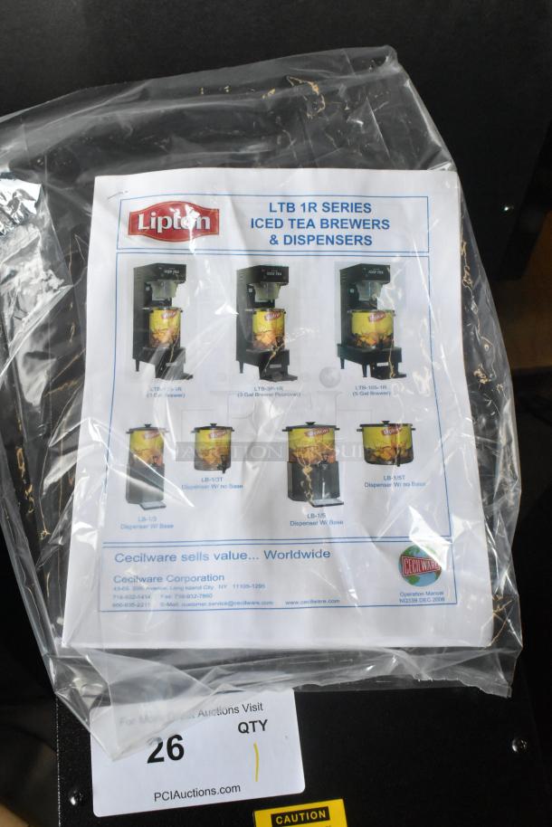 Cecilware LTB-105-1R iced tea machine, brand new, with metal body, poly brew basket, 120 volts, shown in packaging.