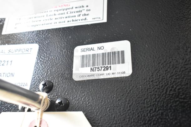 BRAND NEW Cecilware LTB-105-1R iced tea machine. Visible serial number label N757291 on the metal surface.