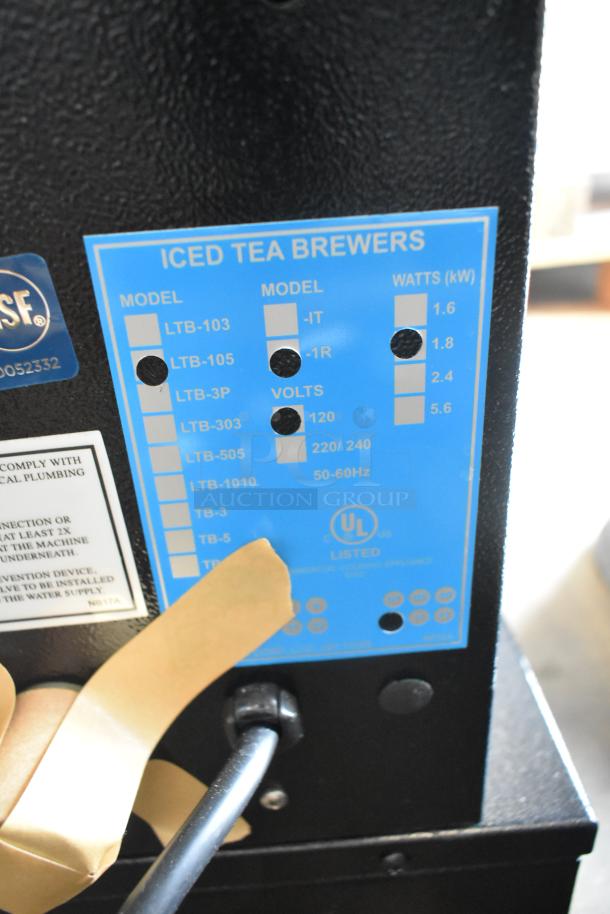 Cecilware LTB-105-1R iced tea machine label showing model, 120 volts, 1.8 kW power, with NSF and UL listings.