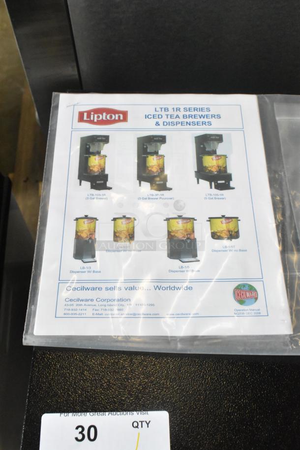 Brand new Cecilware LTB-105-1R commercial iced tea machine. Features poly brew basket, 120V, 1 phase. Includes manual.