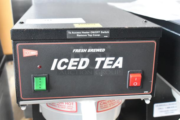 BRAND NEW Cecilware LTB-105-1R Iced Tea Machine, metal body, poly brew basket, 120V, 1 Phase, "Fresh Brewed Iced Tea" label.