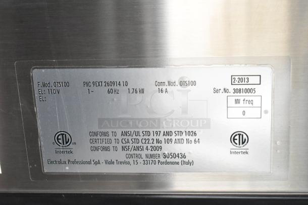 BRAND NEW Electrolux OTS100 Metal Countertop Mini Combi Steamer, 110V, 1 Phase. Features visible label with certification details.