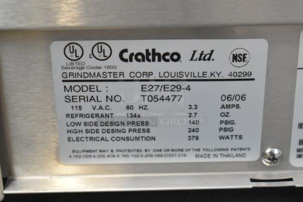 Brand new Crathco E27/E29-4 metal beverage machine label. Model and serial number details. 115 volts, 1 phase.