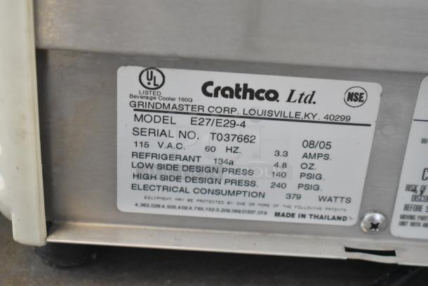 Crathco E27/E29-4 Refrigerated Beverage Machine Base, metal, 115V, serial T037662, new with scratch and dent, UL and NSE listed.