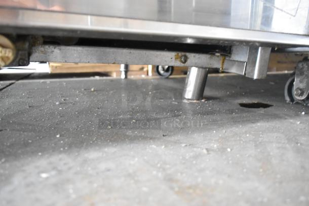Keating Miraclean ABX3D griddle with a chrome top, stainless steel base, gas-powered, thermostatic controls. Visible wear.