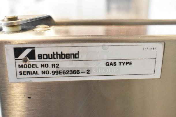 Southbend R2 RapidSteam stainless steel steam cabinet, model R2, with serial no. 99E62366-2, gas type, on a steel table.