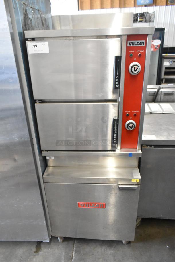 Vulcan VSX24G stainless steel commercial steam cabinet, 2 compartments, natural gas, 200,000 BTU, model visible.