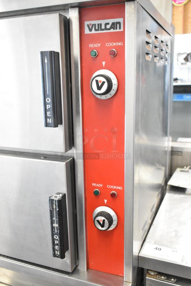 Vulcan VSX24G stainless steel 2-compartment steam cabinet, natural gas, 200,000 BTU. Features ready/cooking indicators.