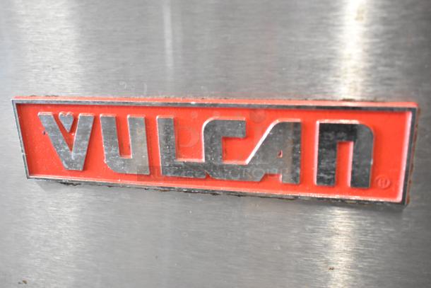 Vulcan VSX24G steam cabinet, stainless steel, 2 compartments, natural gas, 200,000 BTU, red and chrome brand label.