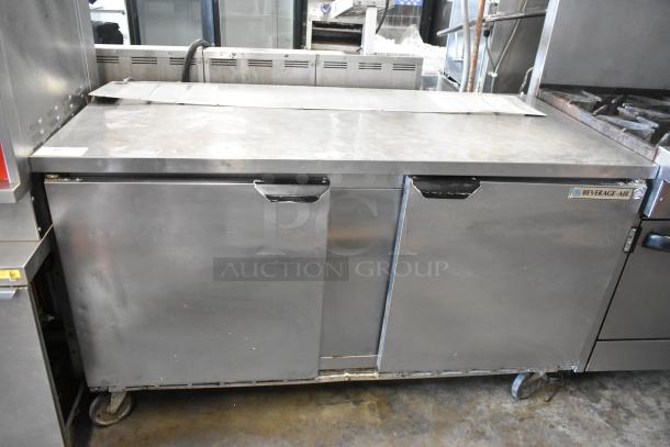 Beverage Air stainless steel 2 door undercounter cooler, commercial casters, 115V, 1 phase, visible branding.