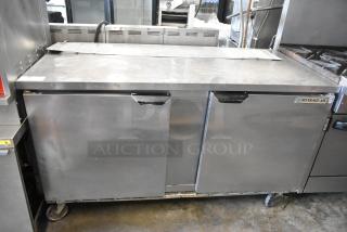 Beverage Air stainless steel 2 door undercounter cooler, commercial casters, 115V, 1 phase, visible branding.