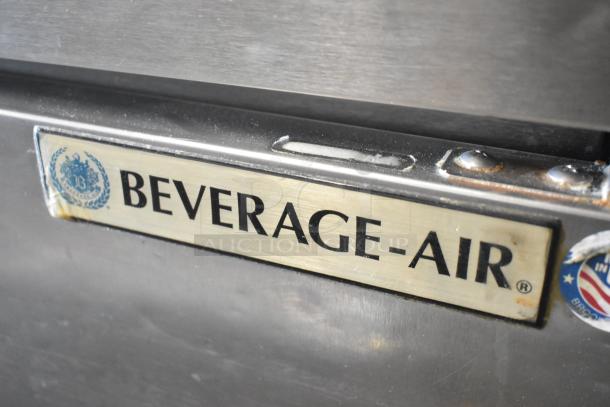 Beverage Air stainless steel 2-door undercounter cooler, commercial casters, 115V, 1 phase. Logo visible on front.