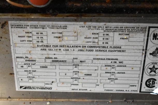 Southbend X460DD commercial gas range label showing model, serial number, and installation instructions.