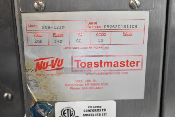 Nu Vu SUB-123P stainless steel commercial oven proofer label. Features 208 volts, 3 phase, 60 Hz, and 22 amps power.