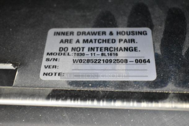Metal cash drawer with label indicating Model T030-11-BL1616, S/N W0285221092508-0064. Inner drawer and housing matched pair.