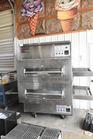 2 Middleby Marshall PS360 Stainless Steel Commercial Natural Gas Powered Conveyor Pizza Oven on Commercial Casters. 135,000 BTU. 2 Times Your Bid! - Item #1199297