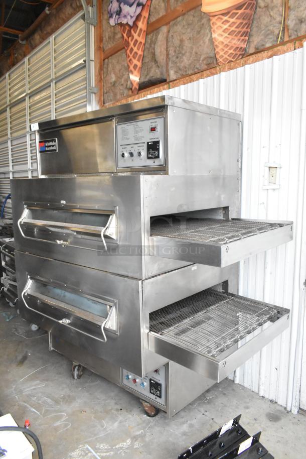 Middleby Marshall PS360 stainless steel conveyor pizza oven, natural gas, 135,000 BTU, on casters, dual units.