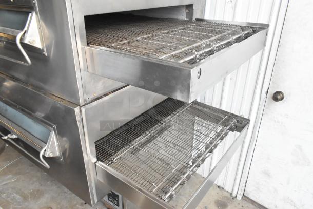 Middleby Marshall PS360 stainless steel commercial conveyor pizza oven, 135,000 BTU, on casters, natural gas, dual unit.