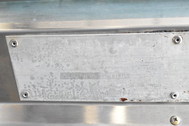 Middleby Marshall PS360 stainless steel pizza oven tag, showing model and identification markings.