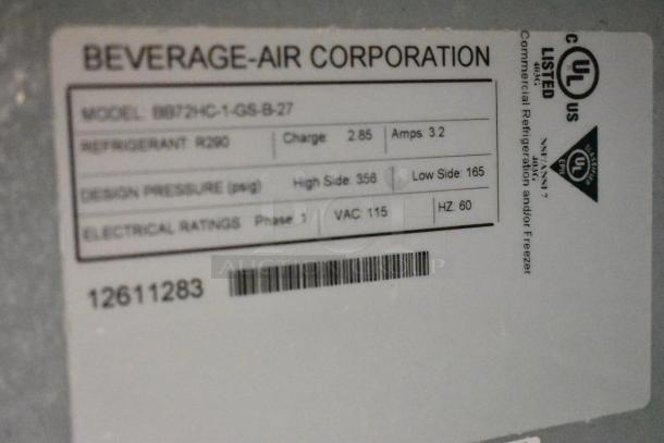 Beverage Air BB72HC-1-GS-B-27 commercial back bar cooler, UL listed, 115V, 1 phase, with R290 refrigerant. Model label shown.