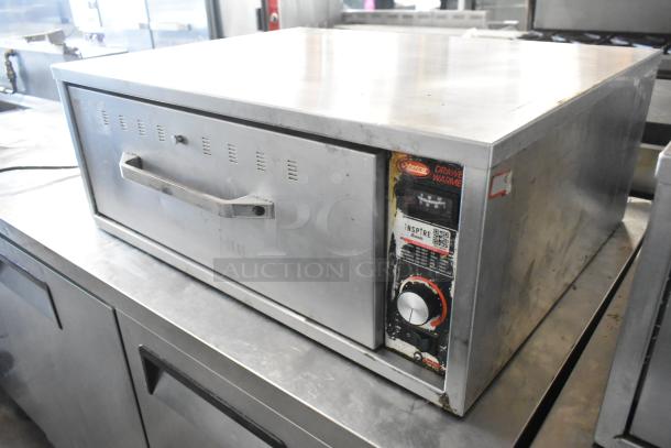 Hatco stainless steel commercial warming drawer, single drawer design, 115 volts, 1 phase. Visible wear and control panel.