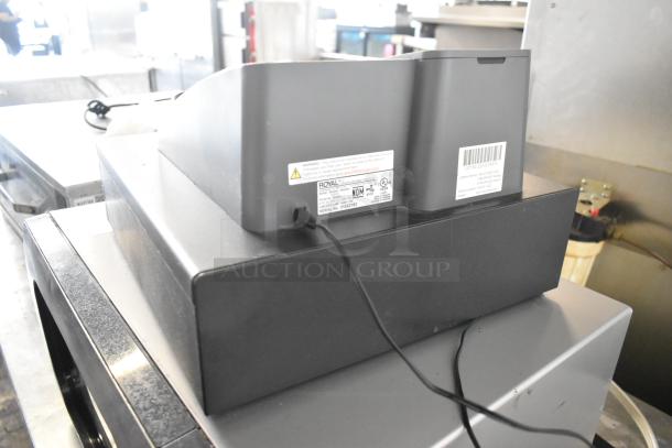 Royal 520DX Electronic Cash Register, black, 120 Volts, 1 Phase, visible labels with serial and model numbers.