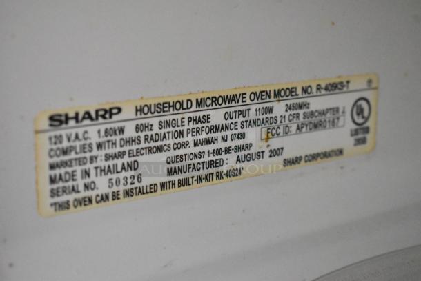 Sharp R-405KS-T countertop microwave label, 120V, 60Hz, 1100W output, made in Thailand, manufactured August 2007.