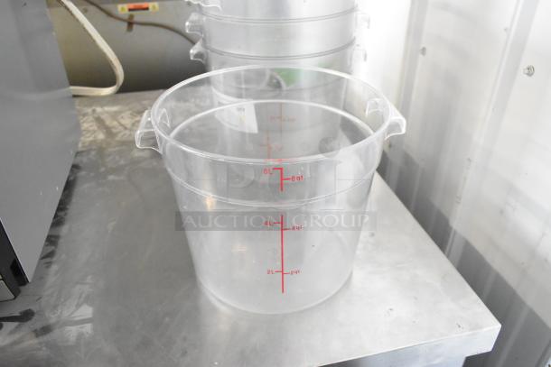 Set of five clear poly 6-quart bins with red measurement markings, excellent condition, ideal for storage and organization.
