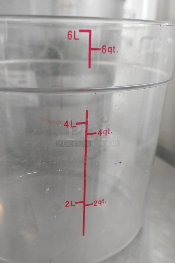 Clear 6-quart poly bin with red measurement markings for liters and quarts. Set of 5 bins.