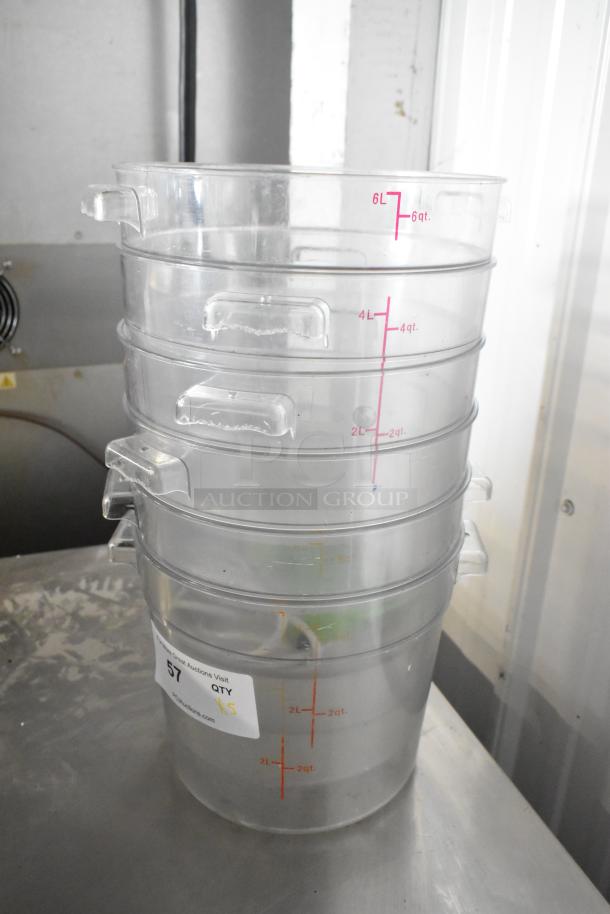 Five clear poly 6-quart bins with volume markings. Auction label indicates quantity as five.