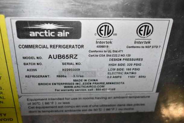 Arctic Air AUB65RZ label indicating model, batch, serial number, refrigerant type, and electrical specifications.