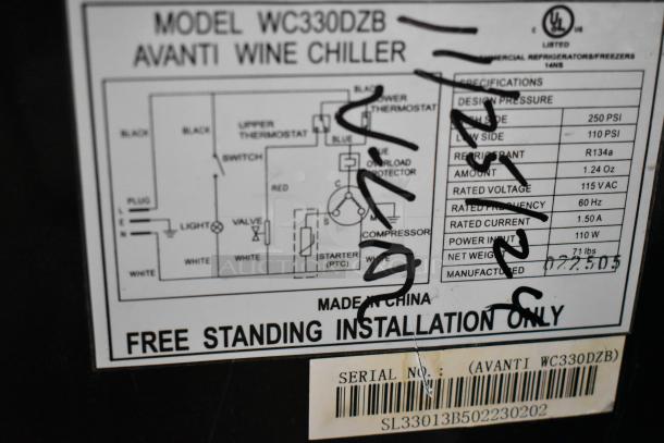 Avanti WC330DZB metal mini cooler merchandiser label. Shows wiring diagram, specs, and serial number. 115 volts, 1 phase.