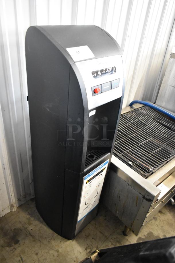 Culligan BAEMUV1SHSK-DU100 black water cooler, 115V, 1-phase, in good condition with operational buttons and instructions visible.