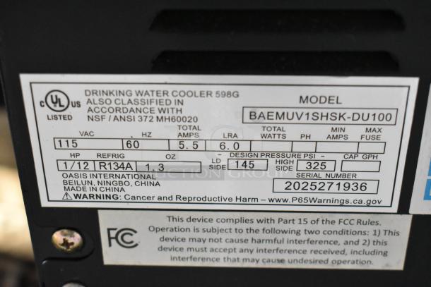 Culligan BAEMUV1SHSK-DU100 water cooler label, 115 Volts, 1 Phase, UL listed, R134A refrigerant, made in China.