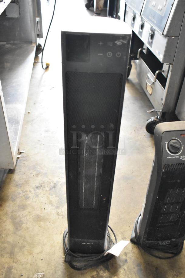Two heaters: PHT30D7BBB Fan Heater and Black & Decker BHTC571 Tower Heater, 120V, 1 Phase, shown on a stone floor.